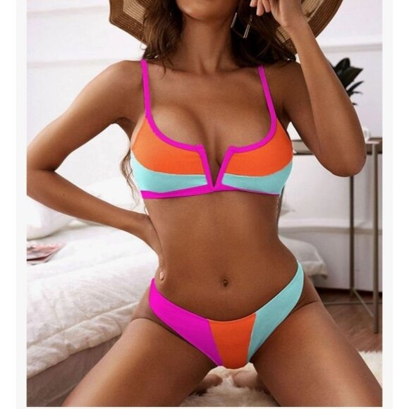 Zaful Womens Colorblock Bikini Set V-Neck & High Waist Bottoms Size 8-10 Sexy - Picture 1 of 9